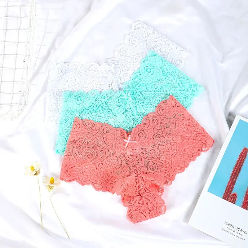Sexy Women Floral Lace Panties Perspective Underwear V Waist Solid Color Underpants Female Breathable Intimates Lingerie