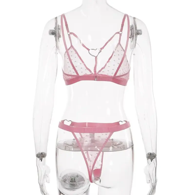 Sexy Female Lingerie Set Ultra Thin Transparent Lingerie Set Pink Black Heart Metal Pendant Sexy Lace Bikini Lingerie Sexy Hot