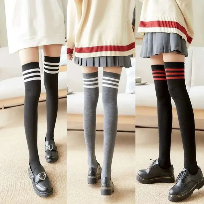 Womens Stockings Solid Knee Striped Women Sexy Long Stockings Female Over Knee Socks Nylon Women's Leg Warmers High Stocking