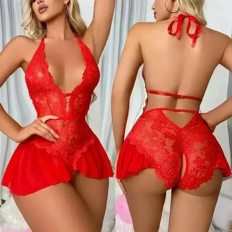 Open Crotch lingerie Women Lace Transparent Pajamas Set Sexy Sleepwear Deep V Open Bra Crotchless Pajama Set Erotic Nightdress