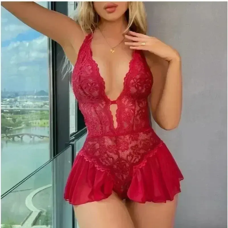 Open Crotch lingerie Women Lace Transparent Pajamas Set Sexy Sleepwear Deep V Open Bra Crotchless Pajama Set Erotic Nightdress