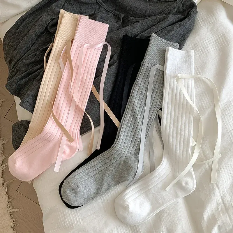 Solid Stockings Women Cotton Bow Cut Sweet Knee JK Lolita Student Long Sock Femme Brew Thin Soft Cute Ladies Stocking Striped