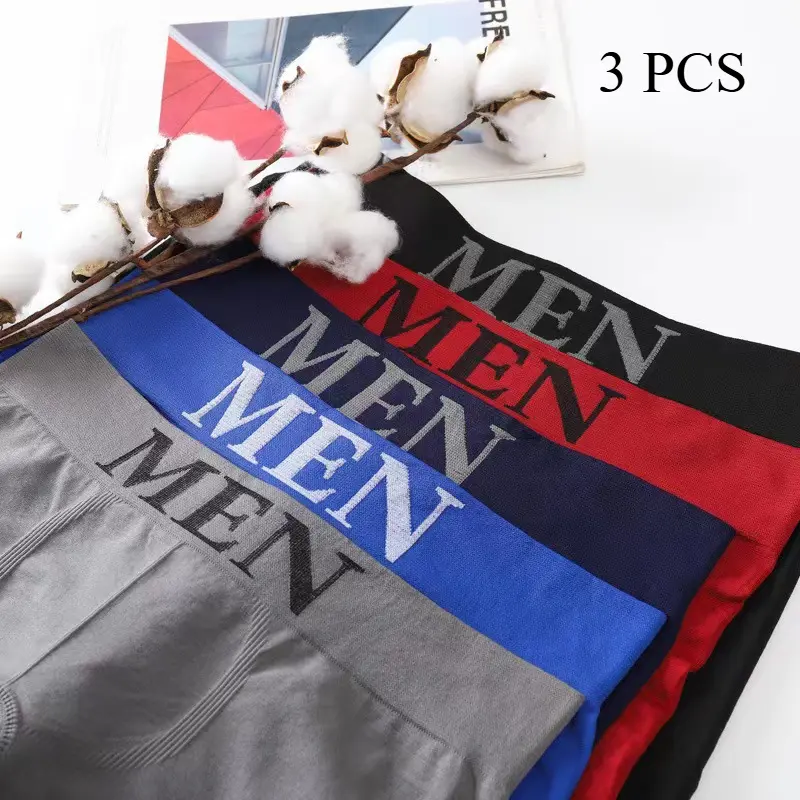 3Pcs Men's Boxers Solid Seamless Men's Flat Leg Pants Highly Elastic Breathable Waistband Sports Comfortable Male Boxershorts