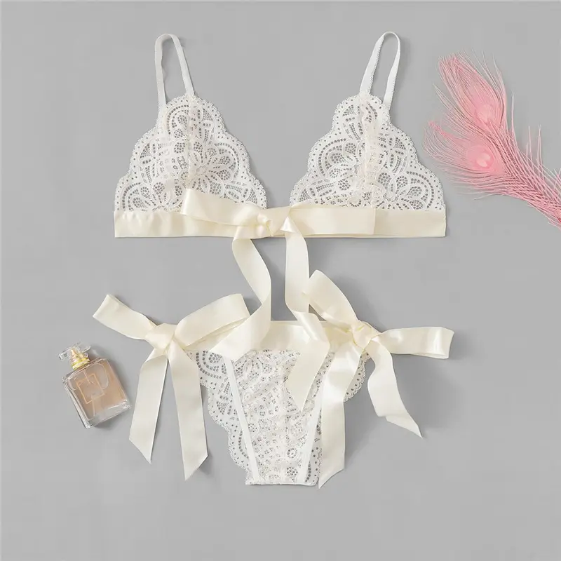 Women Bras Sets Sexy Lace Three-point Lingerie Set Bowknot Solid Ultra-thin Unlined Underwear Set Breathable Comfortable