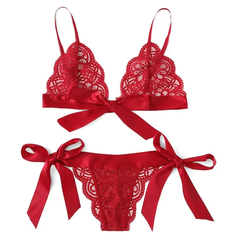 Women Bras Sets Sexy Lace Three-point Lingerie Set Bowknot Solid Ultra-thin Unlined Underwear Set Breathable Comfortable