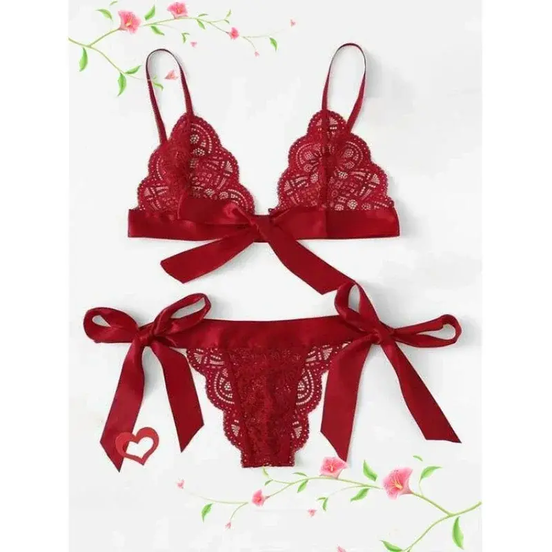 Women Bras Sets Sexy Lace Three-point Lingerie Set Bowknot Solid Ultra-thin Unlined Underwear Set Breathable Comfortable