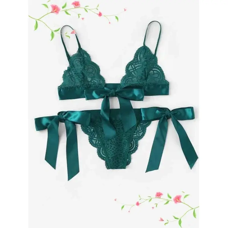 Women Bras Sets Sexy Lace Three-point Lingerie Set Bowknot Solid Ultra-thin Unlined Underwear Set Breathable Comfortable