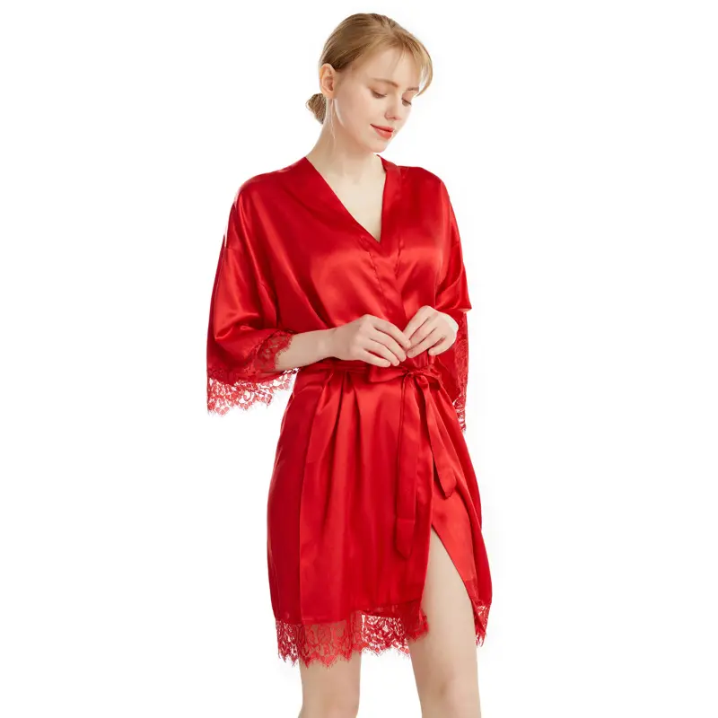 Sexy Women's Ice Silk Pajamas Sexy Lace Bathrobe Female Soft Comfortable Bathrobe Large Size Sleepwear V-Neck Bathrobe Pajamas