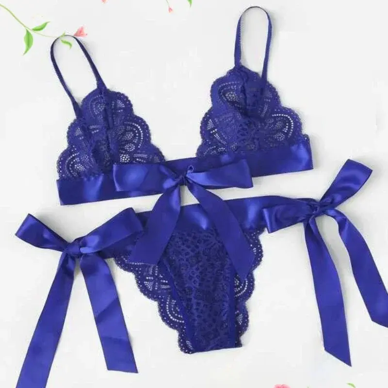 Women Bras Sets Sexy Lace Three-point Lingerie Set Bowknot Solid Ultra-thin Unlined Underwear Set Breathable Comfortable
