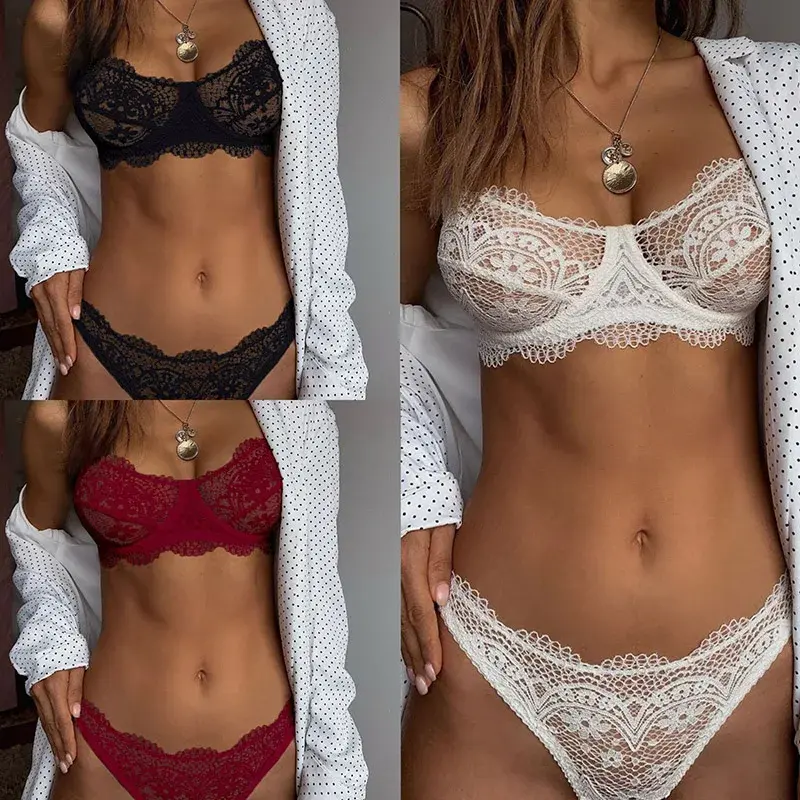 New Sexy Eyelash Lace Bra Set Ladies Bralette Push Up Lingerie Bras Briefs Set Women Deep V Cross Back Transparent G-string