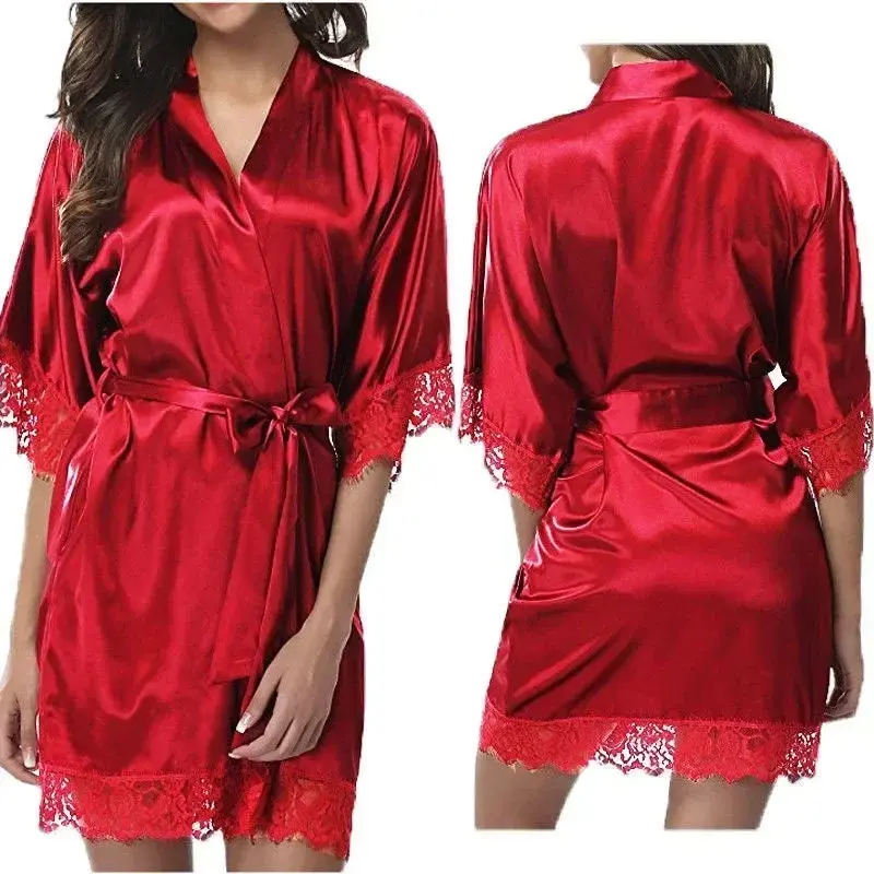 Sexy Women's Ice Silk Pajamas Sexy Lace Bathrobe Female Soft Comfortable Bathrobe Large Size Sleepwear V-Neck Bathrobe Pajamas