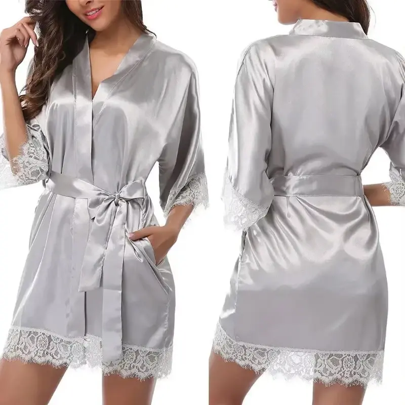 Sexy Women's Ice Silk Pajamas Sexy Lace Bathrobe Female Soft Comfortable Bathrobe Large Size Sleepwear V-Neck Bathrobe Pajamas