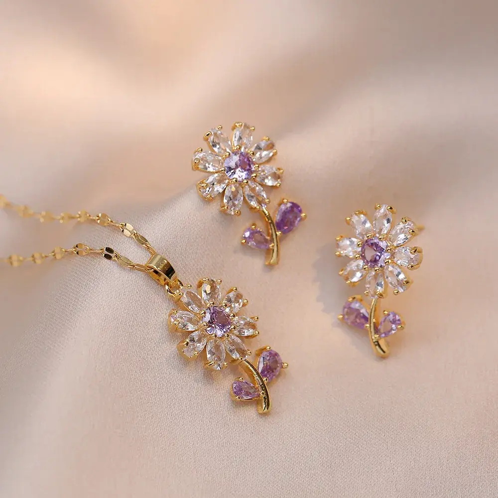 Fashion Plant Pendant Necklace Earrings High Grade Zircon Flower Jewelry Sets Party Gifts For Women Girls