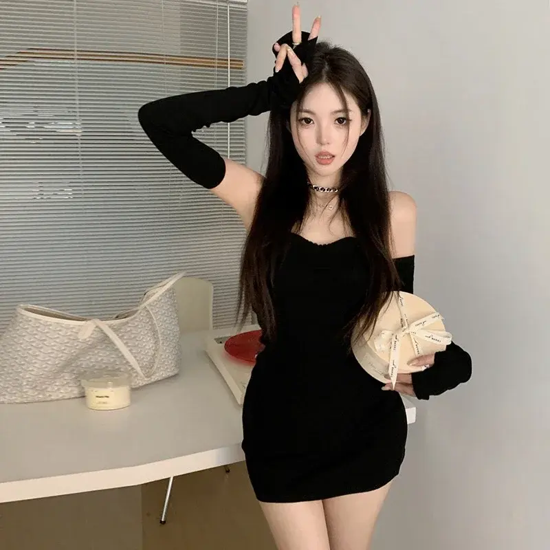 Summer Off Shoulder Short Dress Women's Long Sleeve Backless Mini Dresses Femal Elegant Black Ribbed Sexy Dress Woman Clothes
