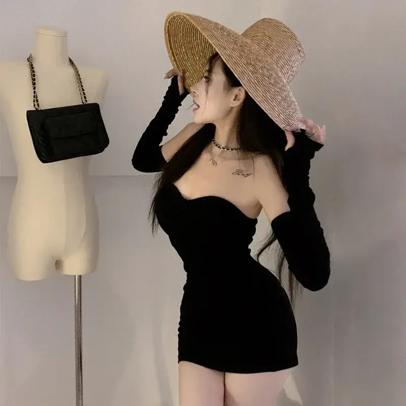 Summer Off Shoulder Short Dress Women's Long Sleeve Backless Mini Dresses Femal Elegant Black Ribbed Sexy Dress Woman Clothes