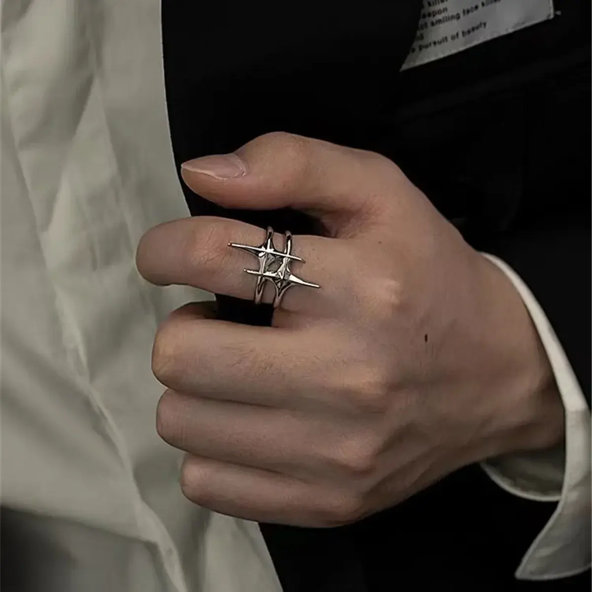 Vintage Irregular Cross Star Couple Ring for Women Men Punk Gothic Sliver Color Adjustable Rings Y2K Egirl Jewelry Gift
