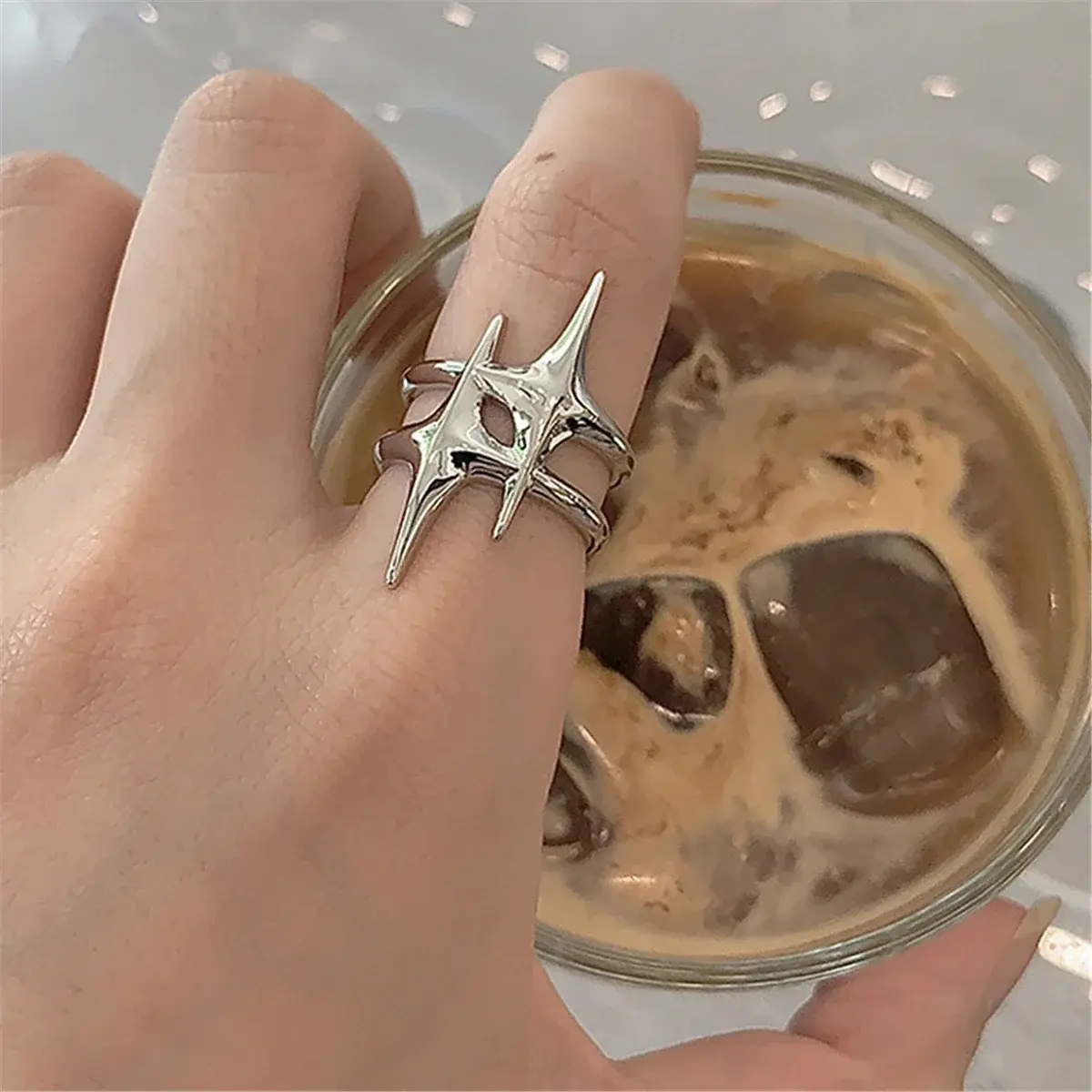 Vintage Irregular Cross Star Couple Ring for Women Men Punk Gothic Sliver Color Adjustable Rings Y2K Egirl Jewelry Gift
