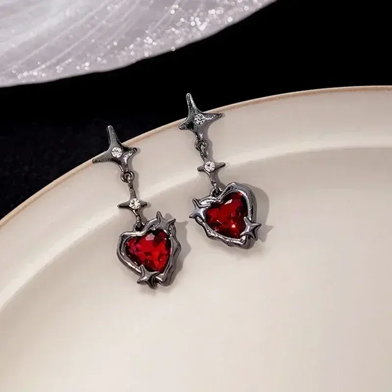 Y2K Goth Heart Cross Star Pendant Earrings for Women Red Zircon Love Earring Gothic Irregular Tassel Stud Earrings Halloween