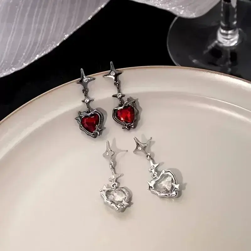 Y2K Goth Heart Cross Star Pendant Earrings for Women Red Zircon Love Earring Gothic Irregular Tassel Stud Earrings Halloween