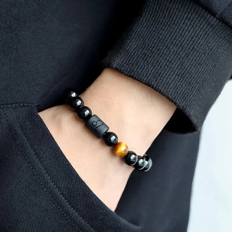 12 Constellation Obsidian Bracelet Fashion Couples Bangles Natural Stone Shiny Black Onyx Beads Bracelets