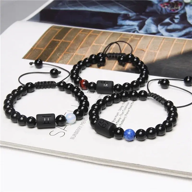 12 Constellation Obsidian Bracelet Fashion Couples Bangles Natural Stone Shiny Black Onyx Beads Bracelets