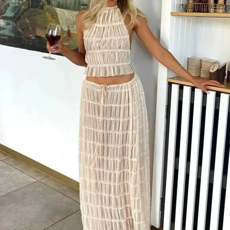 Halter Neck Long Skirt Women Sling Top Elegant Lace Up Fold Maxi Skirts Summer Pleated Sleeveless Backless Tops 2pcs Outfits