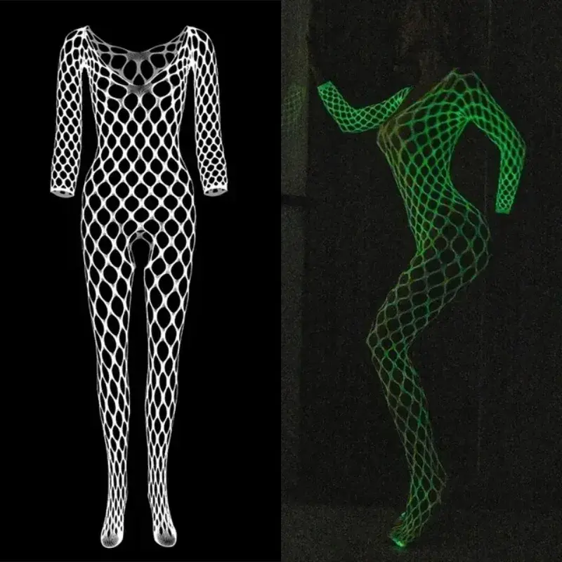 Erotic Miniskirt Tight Bodysuit Costumes Sexy Mesh Babydoll Dress Luminous Crotchless Bodystocking For Transparent Lingerie Set