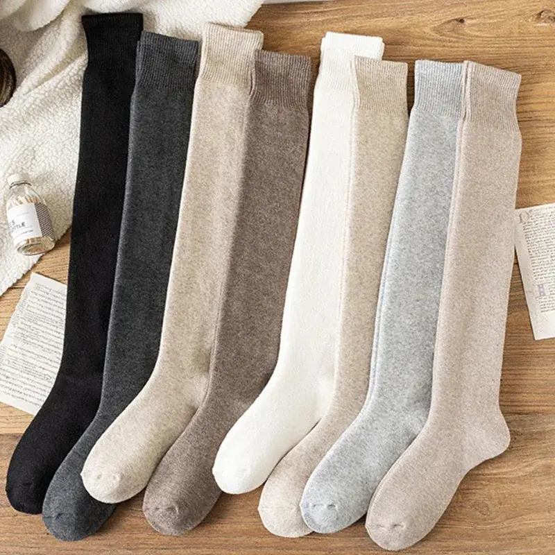 Women Warm Long Socks Winter Soft Thermal Knee-High Stockings Female Thicken Solid Fluffy Knee Long Leg Sock