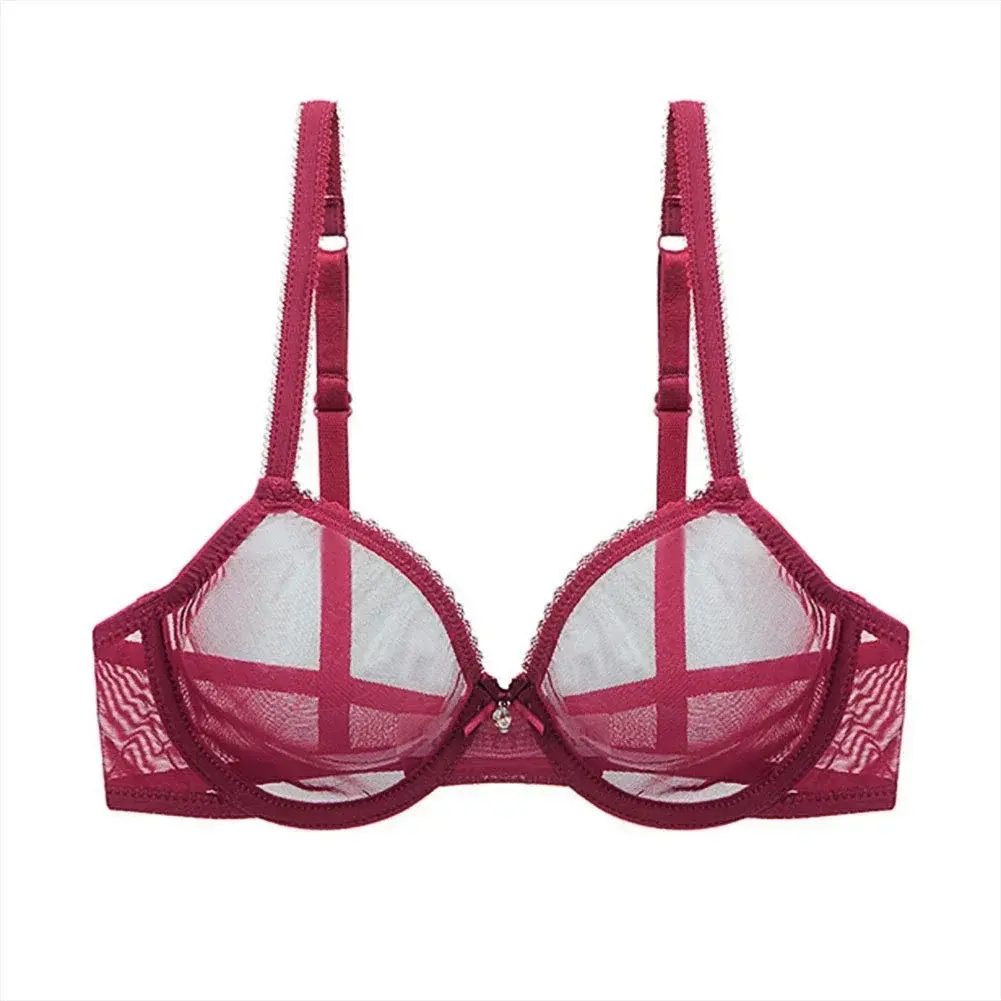New Red Transparent Bras For Women Plus Size Sexy Lingerie Push Up Lace Mesh Girls Bra Top See Through White Black 40 42 A B C D
