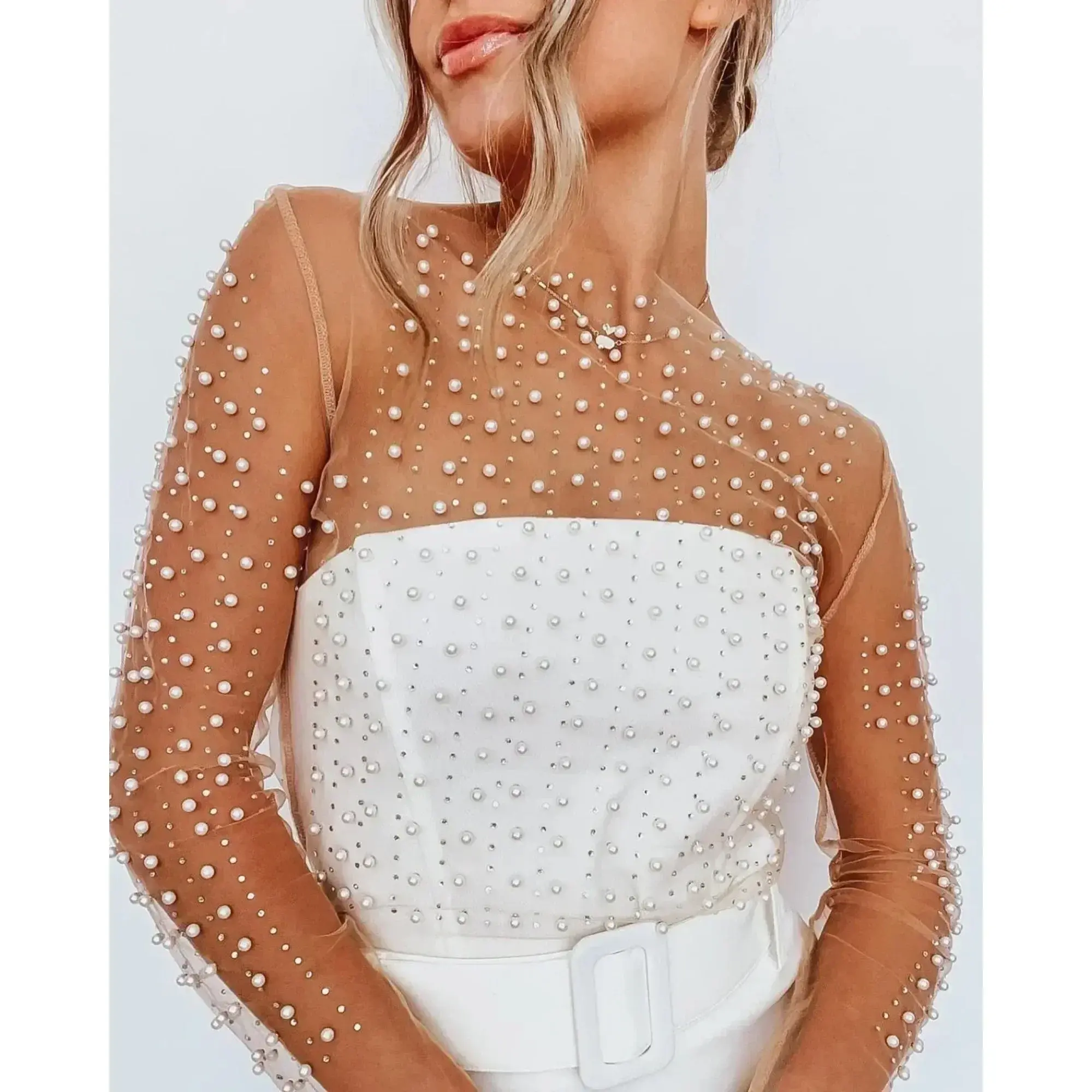 Women's Carnival Style Pearls Beaded Rhinestone Detail Sheer Mesh Crop Clubwear Cover Up Top Perspective Mesh Long Sleeves