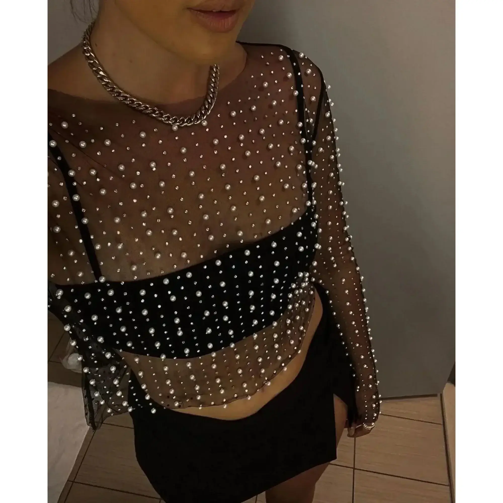 Women's Carnival Style Pearls Beaded Rhinestone Detail Sheer Mesh Crop Clubwear Cover Up Top Perspective Mesh Long Sleeves