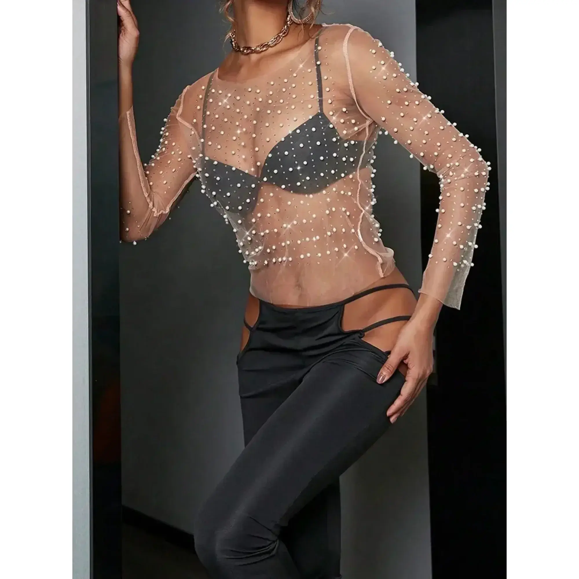 Women's Carnival Style Pearls Beaded Rhinestone Detail Sheer Mesh Crop Clubwear Cover Up Top Perspective Mesh Long Sleeves