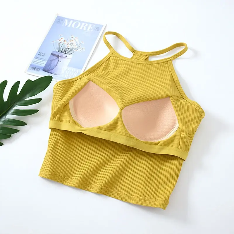 Ribbed Backless Bra Camisole Women Off Shoulder Crop Tank Top Singlet Vest Halter Neck Sleeveless Sexy Casual Cotton Tube Top