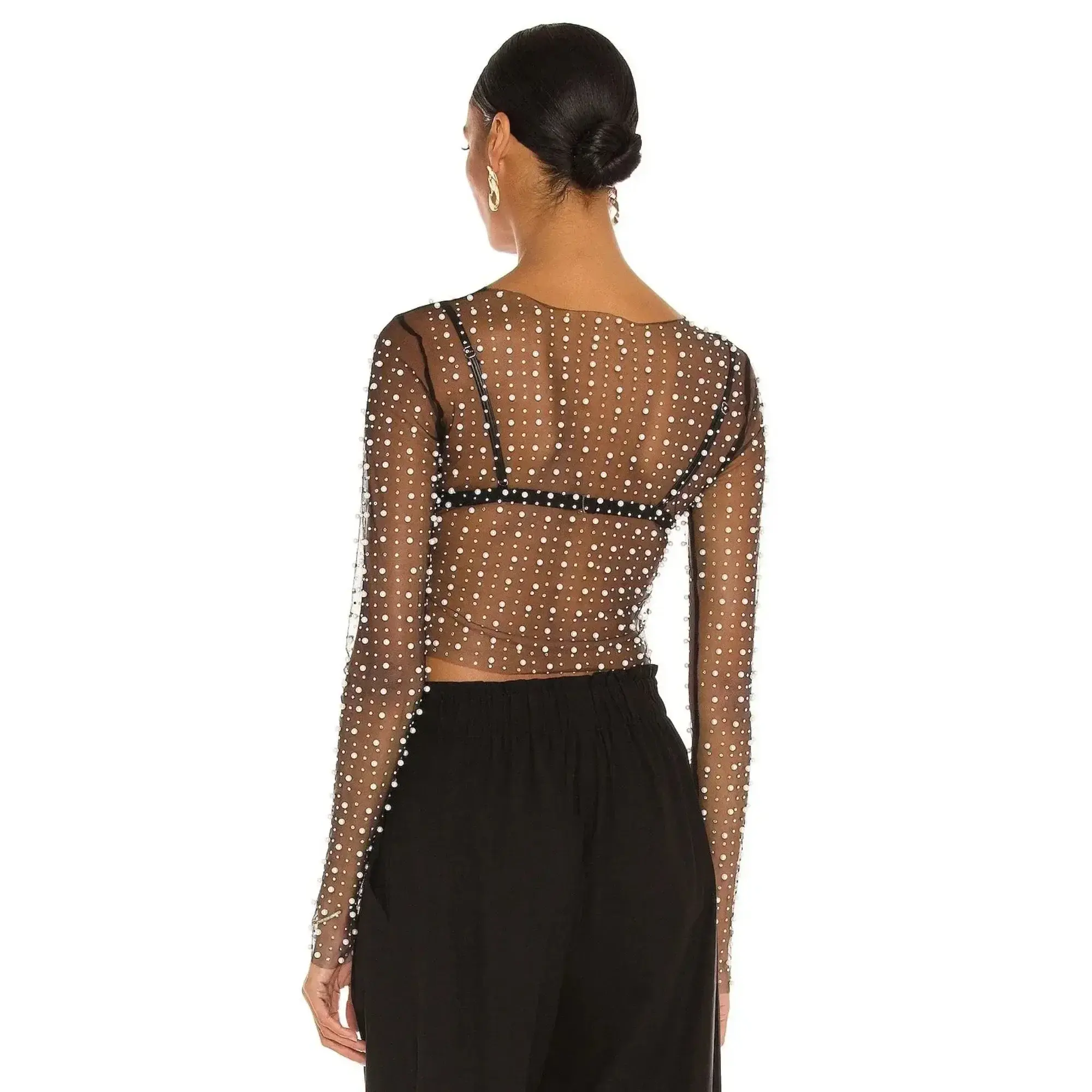 Women's Carnival Style Pearls Beaded Rhinestone Detail Sheer Mesh Crop Clubwear Cover Up Top Perspective Mesh Long Sleeves