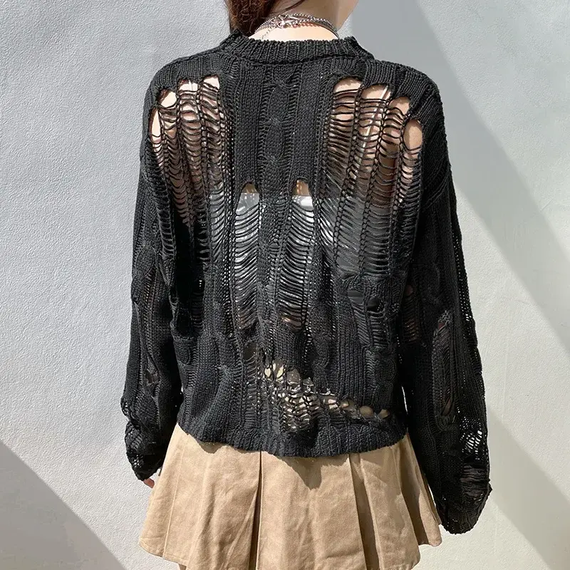 Perforated Hollow Out Knitted Blouse Sunscreen Long Sleeve Top Gothic Dark Black Sexy Thin Sweater Women's Summer Chic Crop Tops