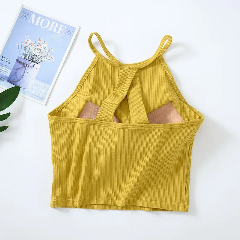 Ribbed Backless Bra Camisole Women Off Shoulder Crop Tank Top Singlet Vest Halter Neck Sleeveless Sexy Casual Cotton Tube Top