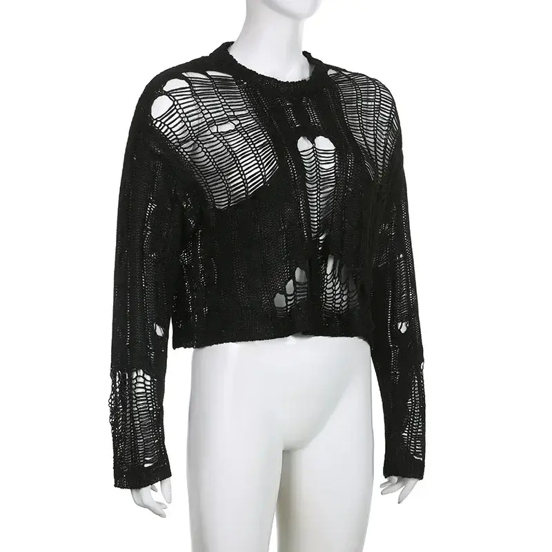 Perforated Hollow Out Knitted Blouse Sunscreen Long Sleeve Top Gothic Dark Black Sexy Thin Sweater Women's Summer Chic Crop Tops