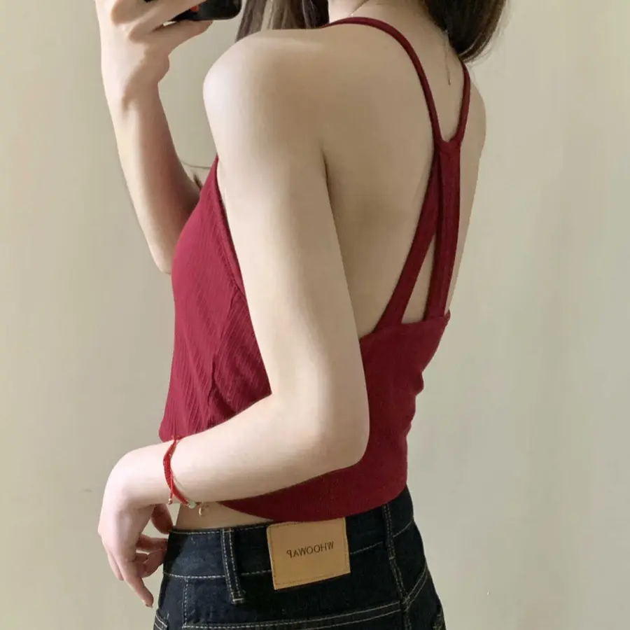 Ribbed Backless Bra Camisole Women Off Shoulder Crop Tank Top Singlet Vest Halter Neck Sleeveless Sexy Casual Cotton Tube Top