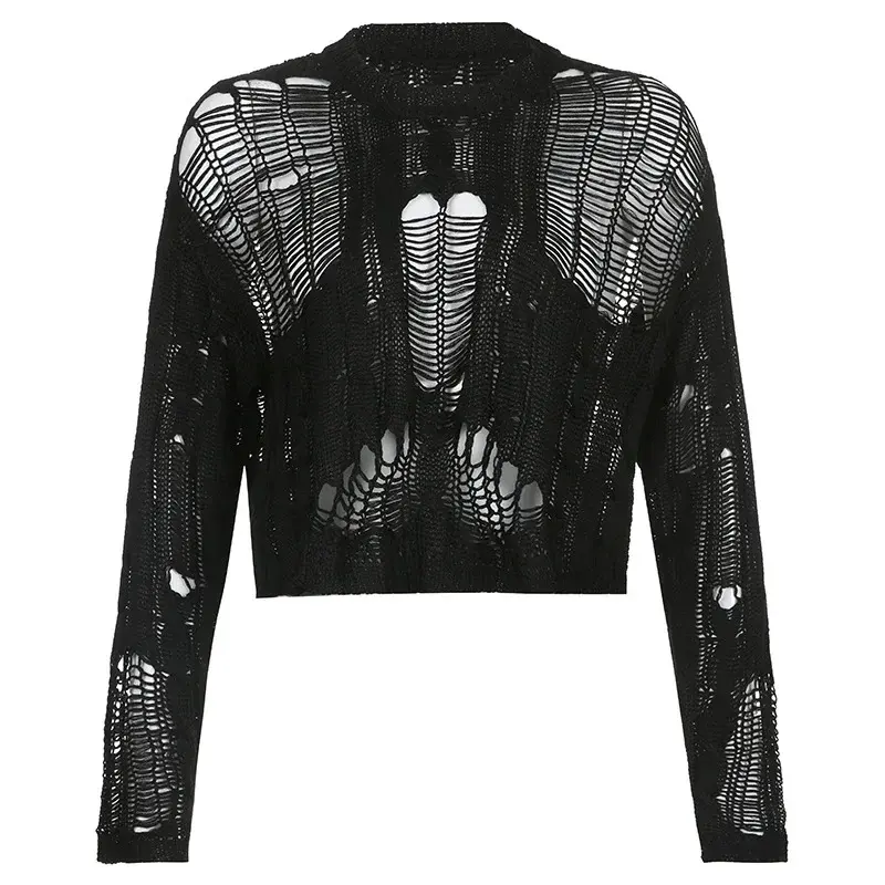 Perforated Hollow Out Knitted Blouse Sunscreen Long Sleeve Top Gothic Dark Black Sexy Thin Sweater Women's Summer Chic Crop Tops