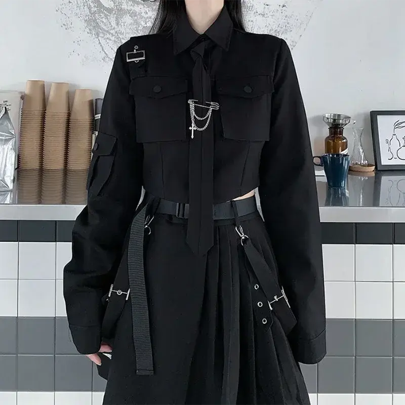Women Two-Piece Skirt Spring Oversize 4XL Black Punk Chain Ribbon Skirts Ladies Suit Female Dress Sets Harajuku Streetwear