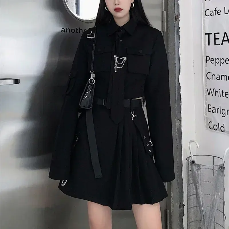 Women Two-Piece Skirt Spring Oversize 4XL Black Punk Chain Ribbon Skirts Ladies Suit Female Dress Sets Harajuku Streetwear