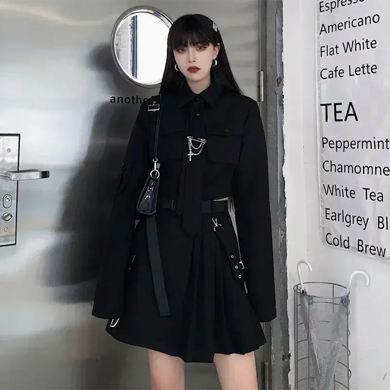 Women Two-Piece Skirt Spring Oversize 4XL Black Punk Chain Ribbon Skirts Ladies Suit Female Dress Sets Harajuku Streetwear