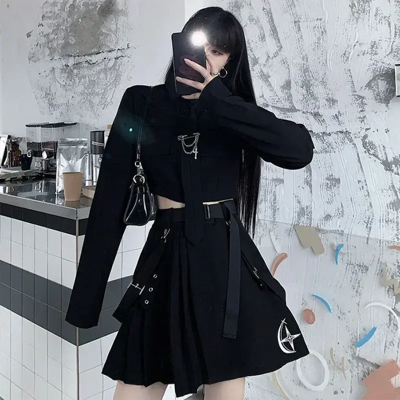 Women Two-Piece Skirt Spring Oversize 4XL Black Punk Chain Ribbon Skirts Ladies Suit Female Dress Sets Harajuku Streetwear