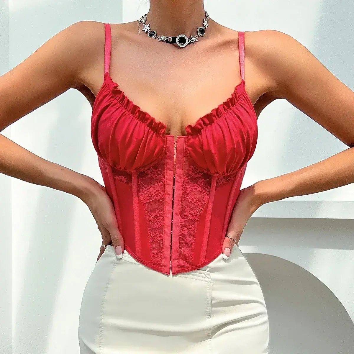 Corset Crop Top Spaghetti Strap Lace Patchwork Chic Tank Tops For Women Sheer Sexy Camisole Female Ruffled Vintage Dropshipping