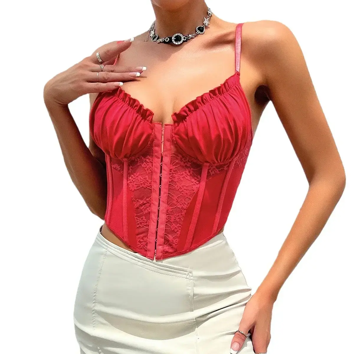Corset Crop Top Spaghetti Strap Lace Patchwork Chic Tank Tops For Women Sheer Sexy Camisole Female Ruffled Vintage Dropshipping