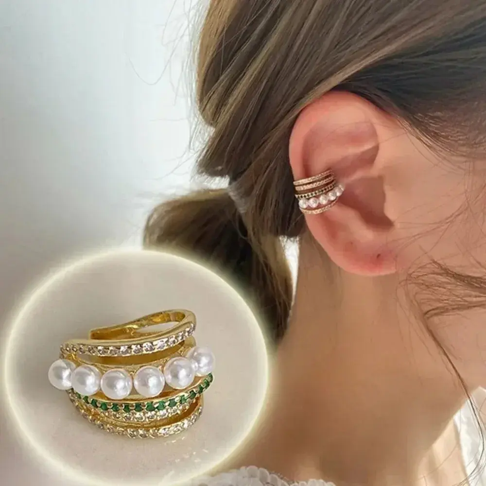 Fashion Double Layer Pearl Clip Earrings for Women Korean Girls Luxury Zircon Ear Cuff Clip Without Pierced Ear Cuff Jewerly