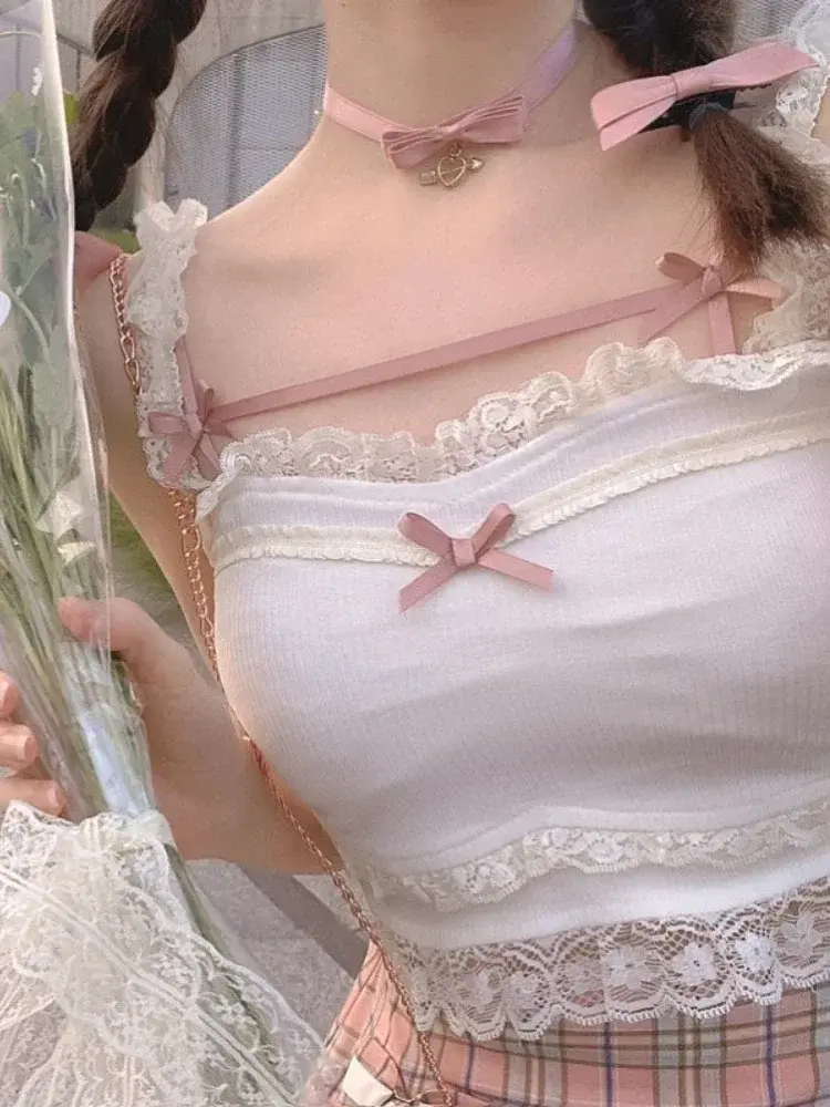 Pink Japanese Lolita Crop Top Women White Kpop Slim Korean College Sexy Tank Top Bow Lace Off Shoulder Camis Tanks Vset Female