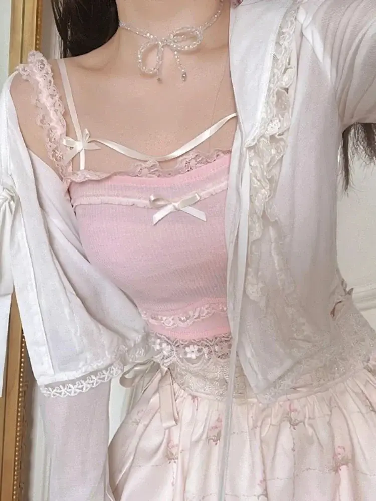 Pink Japanese Lolita Crop Top Women White Kpop Slim Korean College Sexy Tank Top Bow Lace Off Shoulder Camis Tanks Vset Female
