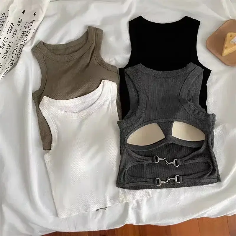 New Women Sports Tank Tops With Bra Pad Casual Crop Tops Backless Knitt Running Camisole For Women Y2K Streetwear Tops