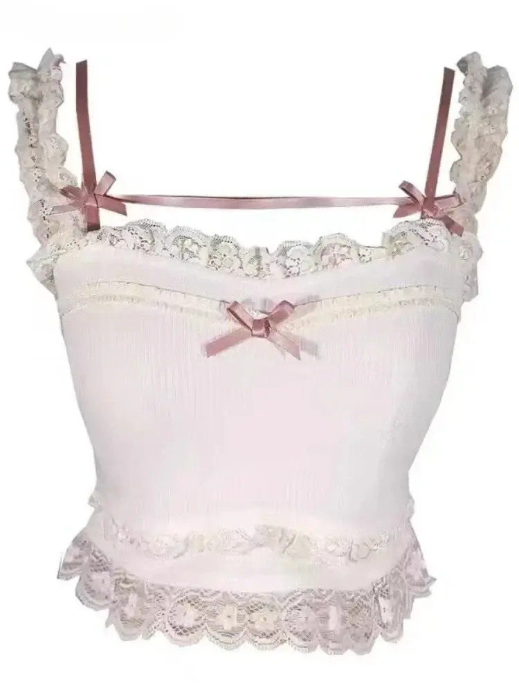 Pink Japanese Lolita Crop Top Women White Kpop Slim Korean College Sexy Tank Top Bow Lace Off Shoulder Camis Tanks Vset Female